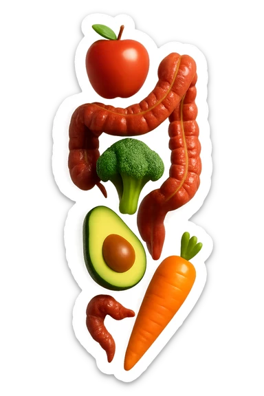 emoji stile iphone in 3d di cibo sano che fluttua in aria vericalmente insieme a pezzi di colon umano anatomico, iperrealistico 4k sticker