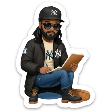 African American man with shoulder length black dreadlocks with black beard wearing black sunglasses wearing a black New York Yankees logo baseball cap wearing a black bubble winter coat with denim skinny jeans and timberland boots writing a letter sticker