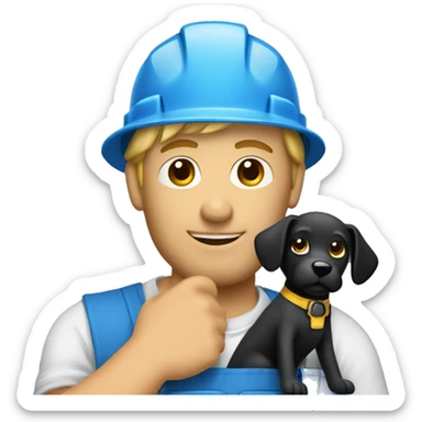 Blonde male construction worker wearing a hat and blue work wear holding a little black dog on his arm sticker