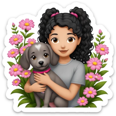 A beautiful girl with black ponytail and wearing short sleeves happily hugs a gray curly dog ​​in the flowers sticker