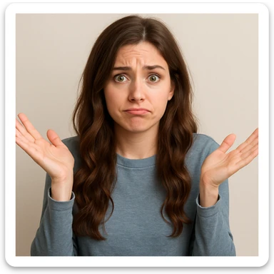 girl with long brown wavy hair, green eyes, shrugging, slightly confused expression, upper body, simple background sticker