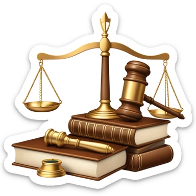 An icon featuring a gavel, scales of justice, and legal books, symbolizing law. The design includes a courthouse building in the background, representing the legal system and justice. Transparent background highlights the authority and structure of the law. sticker