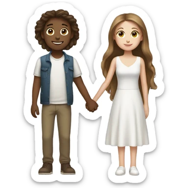 two girls one guy holding hands, one girl long brown hair white skin sticker
