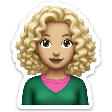 Blonde girl with dark green eyes and curly wavy hair and a jumper color pink sticker
