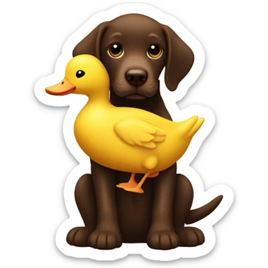 Chocolate lab puppy with big yellow duck plush toy sticker