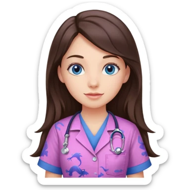 pretty brunette nurse with long hair and blue eyes in pink and purple dinosaur pattern scrubs sticker