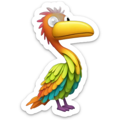 A creature resembling a bird with a long, colorfull, and flexible neck made of a material that looks like corrugated tubing sticker