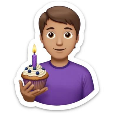 Make a white man with brown hair wearing a shirt that says happy b day Virginia holding a blueberry muffin with a birthday candle in it. Have him holding multiple muffins and no candles in hand. Have him wearing a purple shirt  sticker