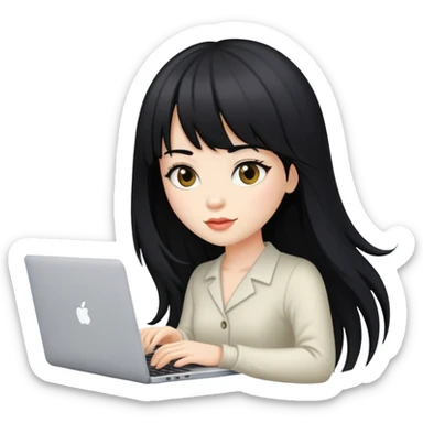 beautiful woman with black long bang hair using laptop sticker