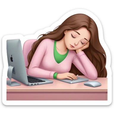 pretty woman with very long brown hair and green eyes and light pink outfit sleeping working on a computer sticker