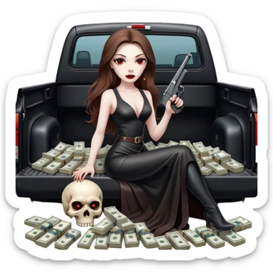Lilith symbol red eye seductress evil long brown haired sexy succubus woman with leather long dress with slit on, sitting in Big Large F350 pickup truck. Back seat full of stacks of cash, she is  Holding a human skull of her enemies and a gun in other hand sticker