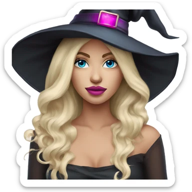 Beautiful blonde blue eyed witch with pink lips wearing witch hat sticker
