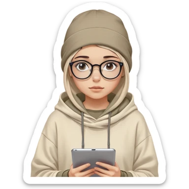 девушка с лёгким креативным вайбом: носит оверсайз-худи с закатанными рукавами, на голове шапка-бини или бандана, глаза внимательные и слегка ироничные, в тонкой оправе очки. На лице — лёгкая полуулыбка, как у человека, который всегда на шаг впереди. В руках — планшет, ноутбук или чашка кофе, вокруг — визуальные элементы вдохновения: искры, пиксели, мини-экраны с фразами вроде «Prompt ready». Цветовая палитра мягкая, но с акцентами в фирменных цветах: #0D5252, #E6A159, #002C46, #387AA3. В образе чувствуется и профессионализм, и лёгкость, и немного магии креатива. sticker