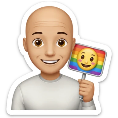 bald guy holding sign that says "am gay" sticker