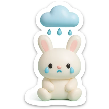 marshmallow bunny sitting with tears under a raincloud, vinyl figure style sticker