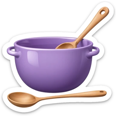 a lilac ceramic mixing bowl with a wooden spoon stirring sticker