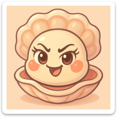 Enhance the oyster's eyes to be even more expressive and luminous with elegant eyelashes. Accentuate the pastel, pearly, cream, peach, and greige nuances more vividly. Keep the shell large and the oyster small. Maintain the pastel toon style, the background, and the mischievous expression as is. sticker