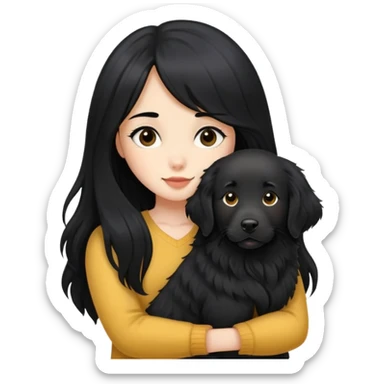 A girl with long black hair and a black golden retriever sticker