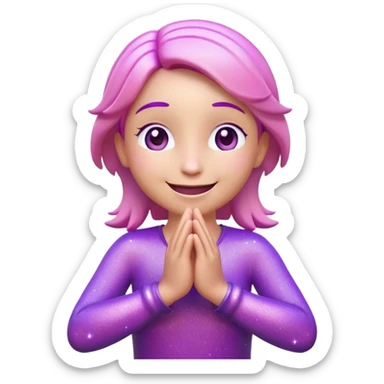 3D emoji of a happy character with hands together in gratitude pose, purple/pink tones, sparkles around, kind expression sticker