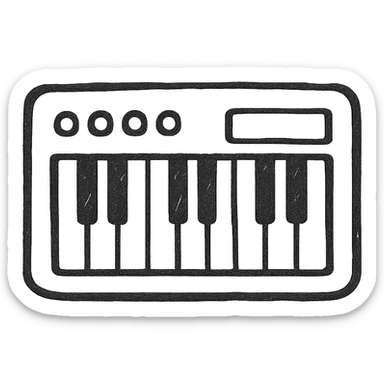 MIDI keyboard icon, hand drawn, black outlines, no fill, simple and clean, front view sticker