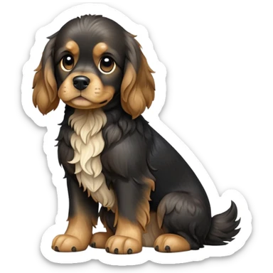 cinematic-[cocker spaniel dog]-realistic-full-body-sitting-emoji,-tail-resting-loosely-beside-its-paws,-head-tilted-dramatically,-scruffy-[black]-fur,-simplified-yet-realistic-focused-features,-highly-detailed,-glowing-with-an-almost-sarcastic-glow sticker