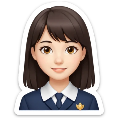 Pretty student with dark brown bangs and long straight hair, elegant school uniform, natural makeup, charming smile sticker