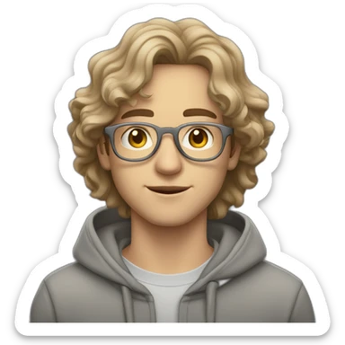 young white guy with middle long wavy hair and a fade in light brown color and rounded silver glasses with a grey hoodie on sticker