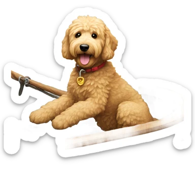 Golden doodle driving a boat sticker