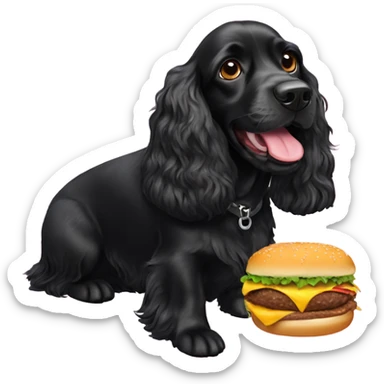 Black cocker spaniel eating a cheeseburger sticker
