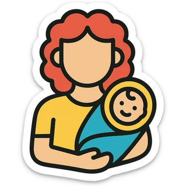 Woman with curly red hair holding a baby, wearing yellow clothing, color outline style, no background. sticker