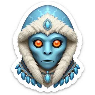 ancient arctic alien shaman portrait, head and shoulders only, Inuit-inspired fur hood, carved bone ornaments, glowing cosmic eyes, icy alien skin, spiritual sci-fi vibe, 3D cartoon, mobile game icon style, clean background, no text, no watermark


 sticker