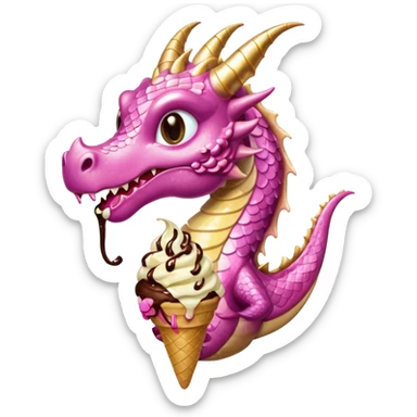 A shiny, glittery dragon in pink tones eats vanilla and chocolate ice cream sticker