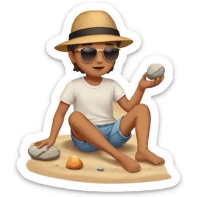 Someone sitting on the ground in the Beach close to the water and throws stone at the water and it's a sunset sticker