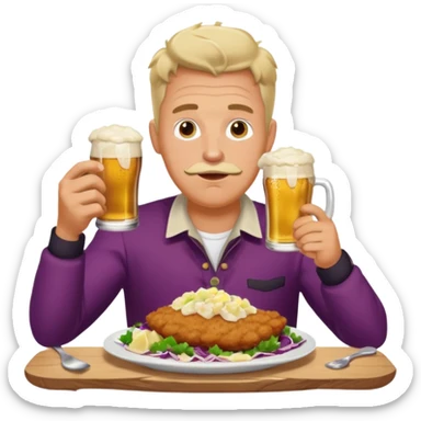 German man eating schnitzel, potato salad, red cabbage, sauerkraut, and beer sticker