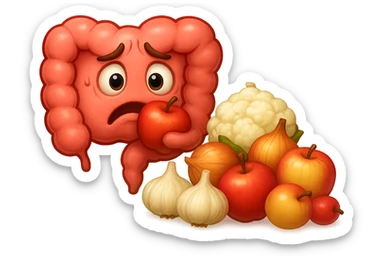 EMOJI STILE IPHONE DI UN INTESTINO UMANO IN CRISI PERCHé STA MALE, IN BOCCA HA UNA MELA E DAVANTI A LUI C'è UNA MONTAGNA DI aglio, cipolle, cavolfiore e mele sticker