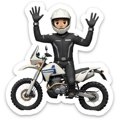 MALE WITH WHITE HELMET AND BLACK CLOTHES on a adventure motorcycle Norden 901 from husqvarna wheeling )wide the front wheel on air) getting of a mud pool and with one hand up doing the handsignal ok. sticker