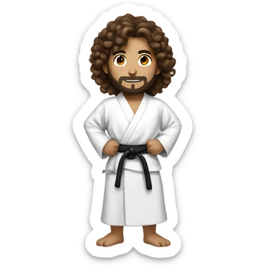 young sensei with brown long curly hair that's facing upwards and beard wearing a white robe and holding martial arts equipment sticker