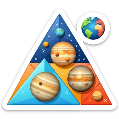 planets arranged in a triangle with lines and angle marks between them, math diagram style sticker