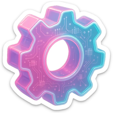 glossy, soft-edged Discord-style icon of a gear (settings), vibrant pink and aqua with smooth gradients, neon highlights, slight glow, transparent background, modern and techy, optimized for Discord UI sticker