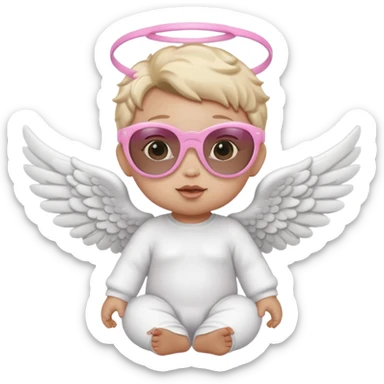 a baby animal with white angel wings and pink sunglasses on sticker