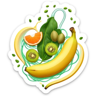 Golden banana, bright green spinach, salmon, kiwi, pistachios, and orange juice floating around a glowing nervous system and heart. Electrical waves connect these potassium-rich foods to nerves, heart and muscles, showing how they support electrical stability in the body. sticker