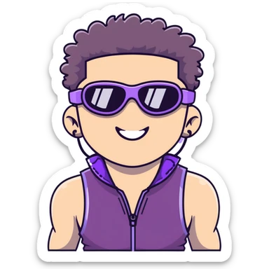 close-up of cool guy male athlete with white skin and moderately curly dark brown hair on top with shaved sides, wearing ski goggles with purple frames and very dark black lenses, winking behind the goggles, with an open mouth confident smile like a cool guy, a simple plain black chain necklace, and a completely unzipped sleeveless vest with purple and black sequin fire pattern design with no logo sticker