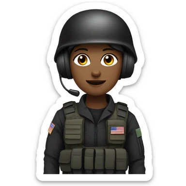 Military operator dressed in black with a helmet, without glasses, wearing a headset, ready to respond to alerts, preferably female sticker