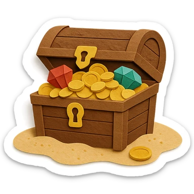illustration of a treasure chest overflowing with gold coins and jewels on a sandy beach in paper-craft style sticker