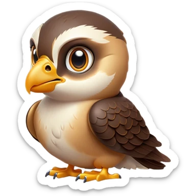 Cinematic Cute Falcon Portrait Emoji, Head tilted playfully and inquisitively, featuring a sleek, agile form with a delicately curved beak and round, sparkling eyes full of spirited charm, Simplified yet irresistibly adorable features, highly detailed, glowing with a warm, inviting glow, high shine, affectionate and lively, stylized with a touch of whimsical aerial grace, soft glowing outline, capturing the essence of a mischievous yet endearing falcon that seems as if it could dart out of the screen into your heart! sticker