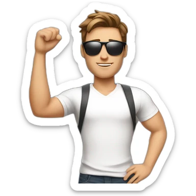 A young fit man with a white shirt and sunglasses on his hair with brown hair and a French flag in his hand sticker