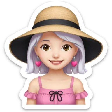 Girl in pink dress and sunhat smiling, black 2 string dress, white hair sticker