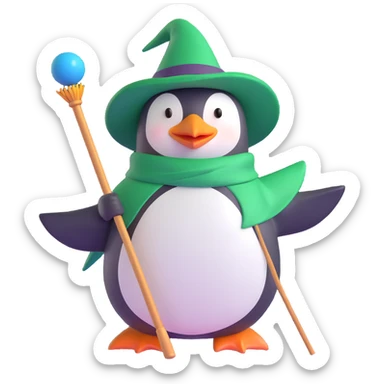 ios 3D style emoji of a penguin wizard with a green hat and wand, riding a broomstick sticker