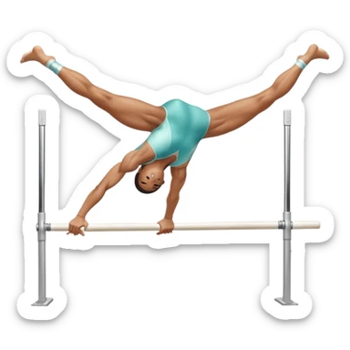 Professional gymnast performing a dynamic routine on parallel bars, captured mid-air in an elegant flip. The background features a well-lit gymnastics arena with a cheering audience. The athlete's posture and expression convey strength, control, and perfect coordination. sticker