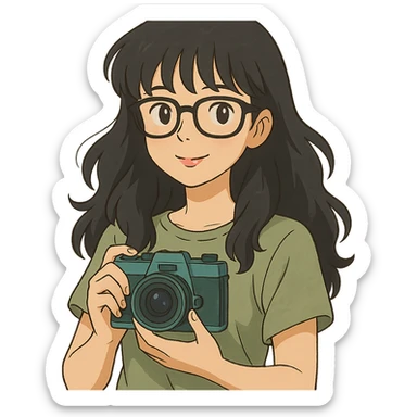 girl with long wavy black hair, bangs, black glasses, pink lip gloss, holding a teal camera, discreet smile, light moss green shirt, ghibli style sticker